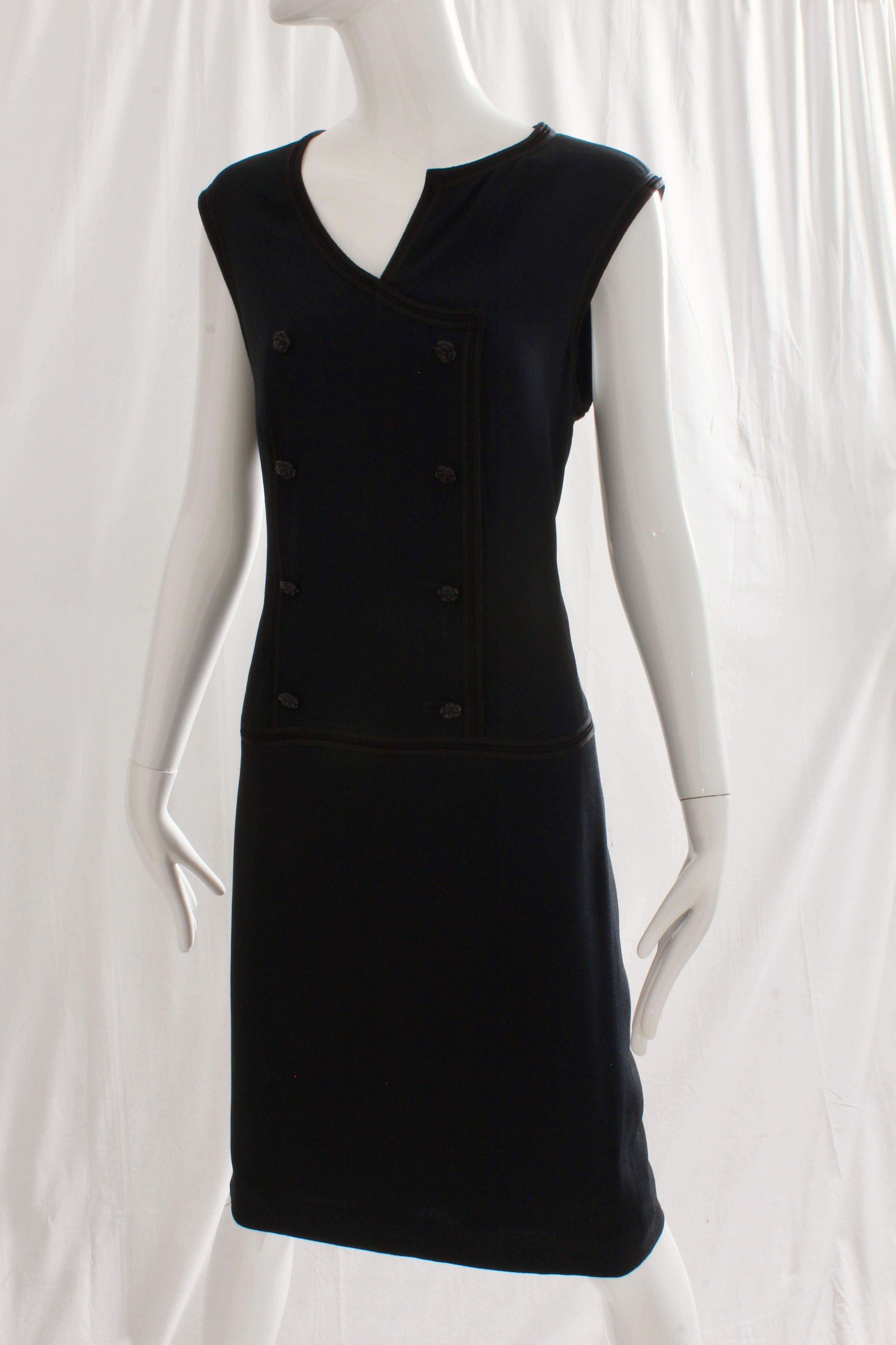 Chanel Sleeveless Dress with Asymmetric Collar and Camellia Buttons Navy Size 44 3