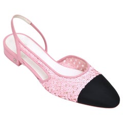 CHANEL Slingback Pumps Pink Sequin Leather Black Grosgrain Cap Toe Flat Logo 38