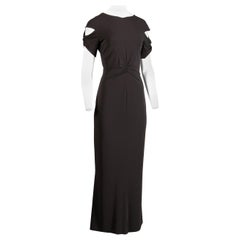Retro Chanel Slinky Jersey Knit Evening Gown/ Dress with Cut Out Sleeves and CC Button