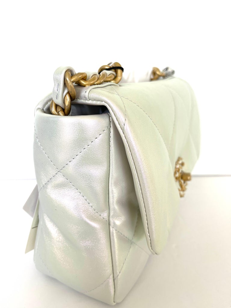 CHANEL Small 19 Flap Bag 21P Iridescent White Goatskin NEW Gold