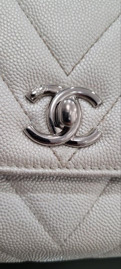 Chanel Small 24cm Coco Handle in Chevron Quilted Pearly White Caviar Bag