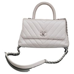 Chanel Small 24cm Coco Handle in Chevron Quilted Pearly White Caviar Bag