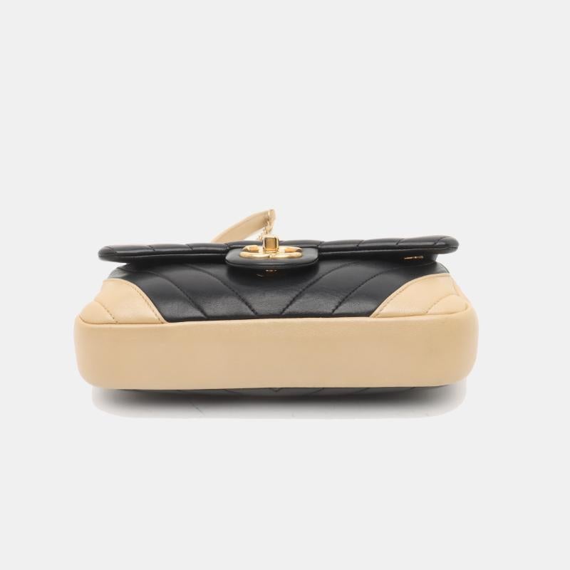 Women's Chanel Small Bicolor Chevron Lambskin Single Flap Bag Black and Gold, 2014-15