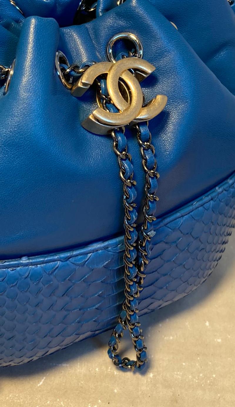 Women's Chanel Small Blue Leather and Python Gabrielle Bucket Bag