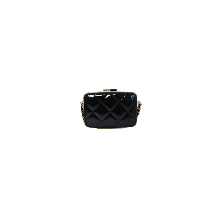 Chanel Small Box with Chain Patent Leather Clutch Black For Sale at 1stDibs