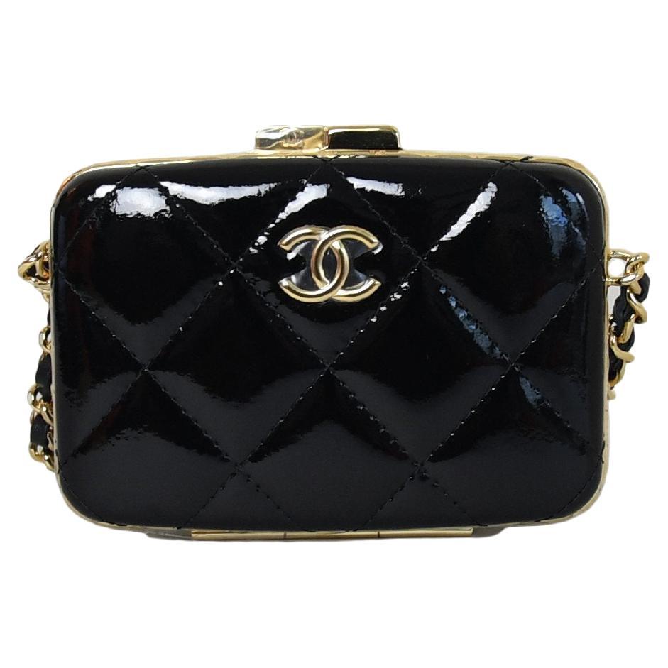 Chanel Black Patent Leather Chain Minaudiere Box Clutch Bag - Yoogi's Closet