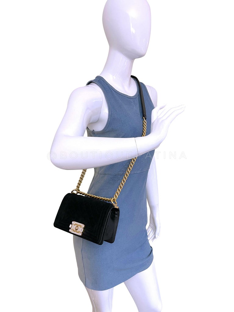 Chanel Small Boy Flap Bag Black Velvet Emerald-Cut Crystal Clasp GHW 65330 For Sale 11