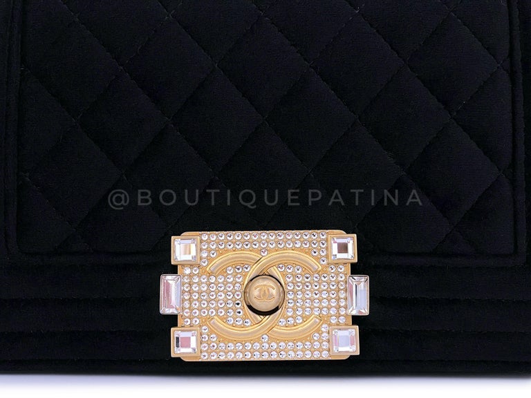 Chanel Small Boy Flap Bag Black Velvet Emerald-Cut Crystal Clasp GHW 65330 For Sale 4