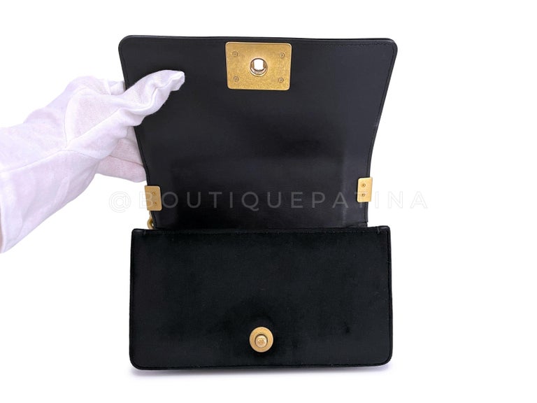 Chanel Small Boy Flap Bag Black Velvet Emerald-Cut Crystal Clasp GHW 65330 For Sale 5
