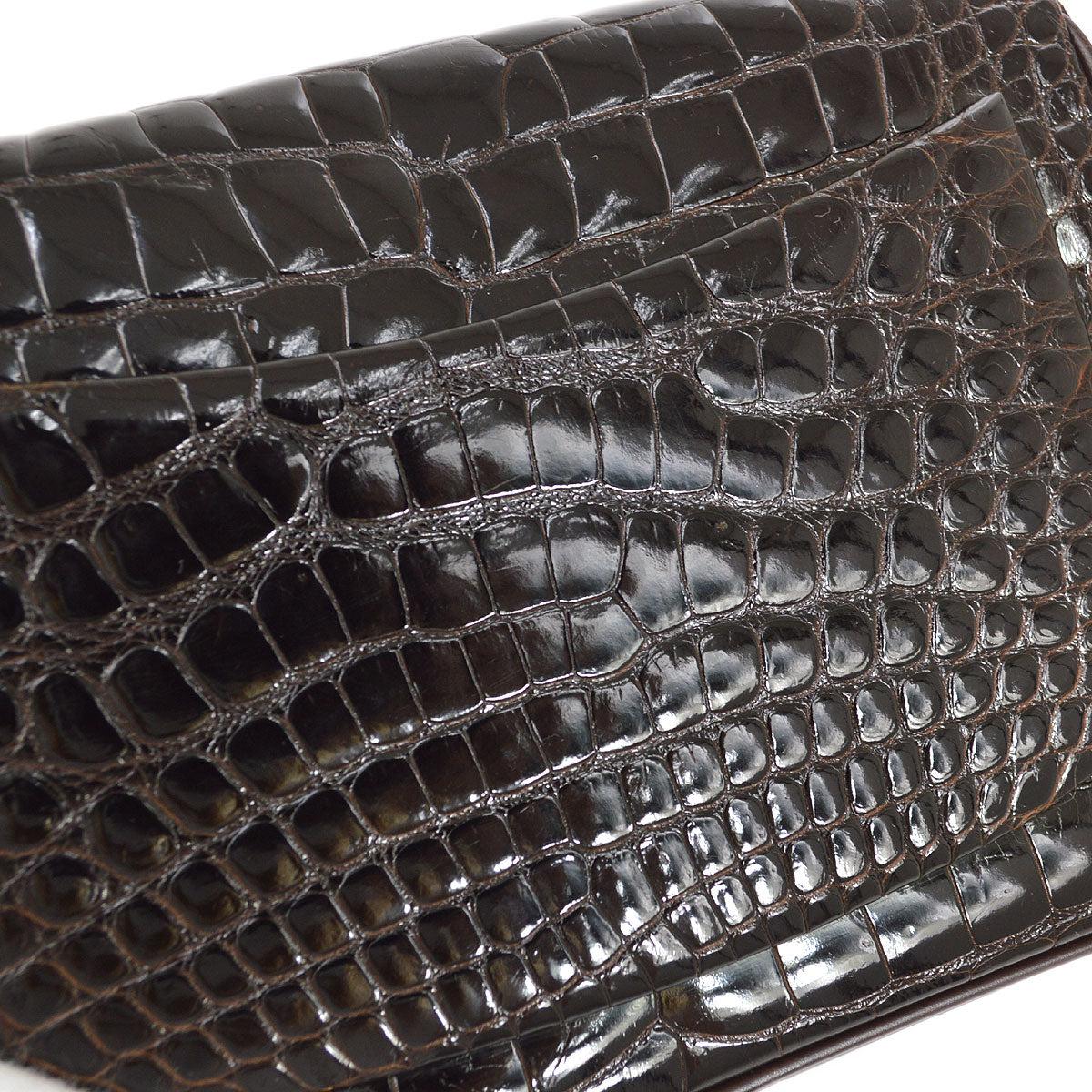 CHANEL Small Brown Chocolate Crocodile Exotic Gold Evening Shoulder Flap Bag In Good Condition In Chicago, IL