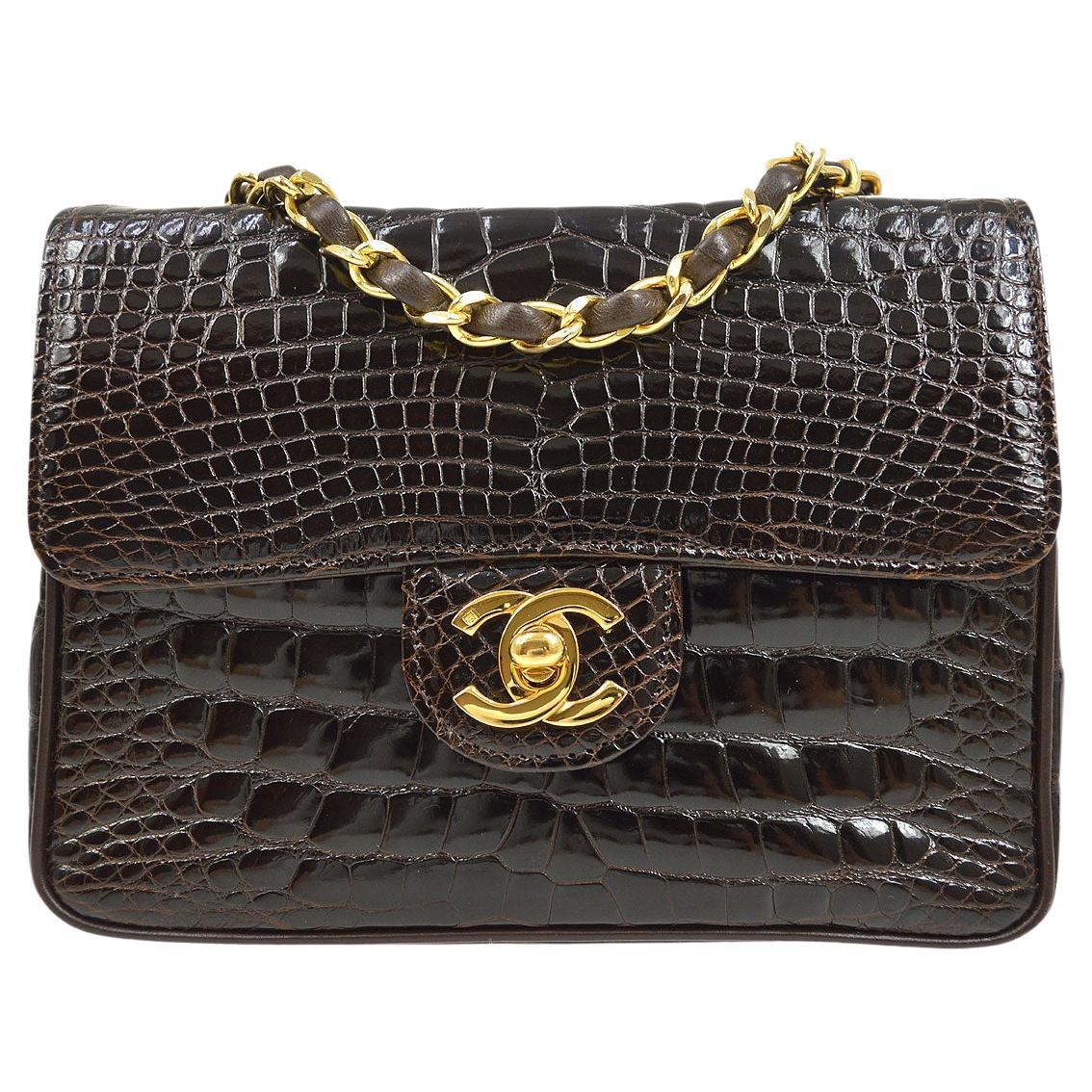 CHANEL Small Brown Chocolate Crocodile Exotic Gold Evening Shoulder Flap Bag