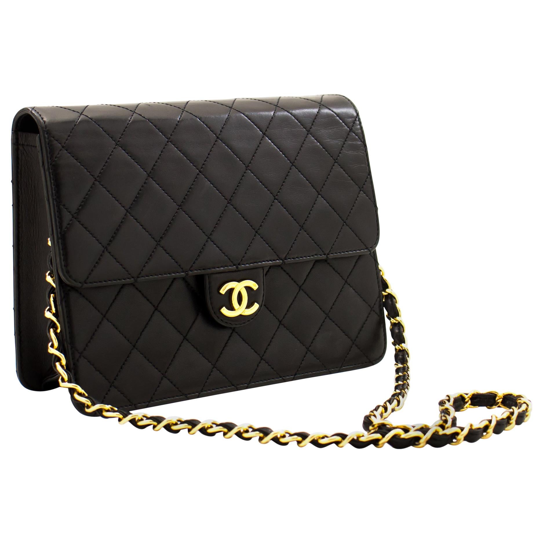 CHANEL Small Chain Shoulder Bag Black Clutch Flap Quilted Lambskin