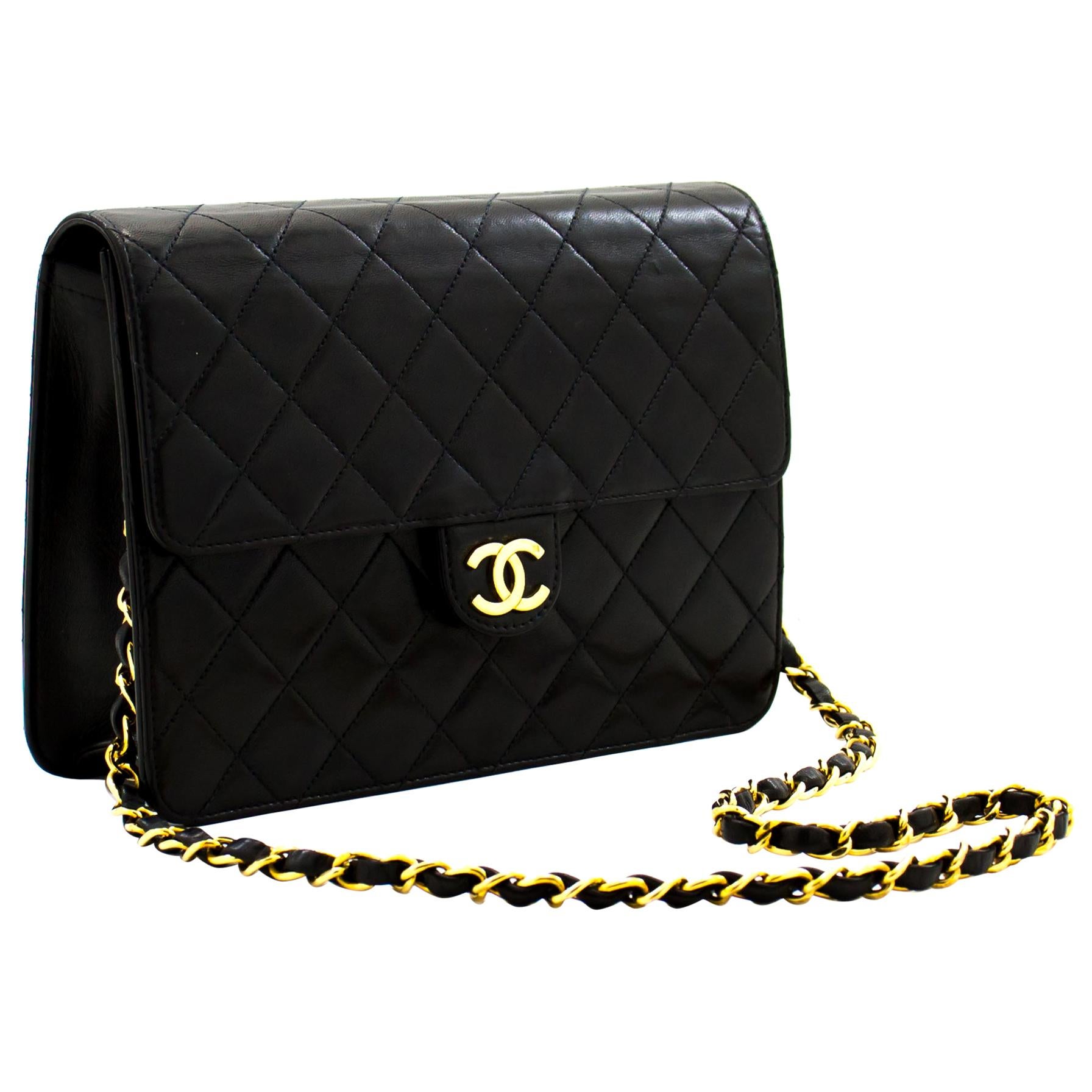 CHANEL Small Chain Shoulder Bag Black Clutch Flap Quilted Lambskin