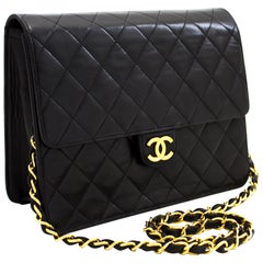 Vintage CHANEL Small Chain Shoulder Bag Black Clutch Flap Quilted Lambskin Leather