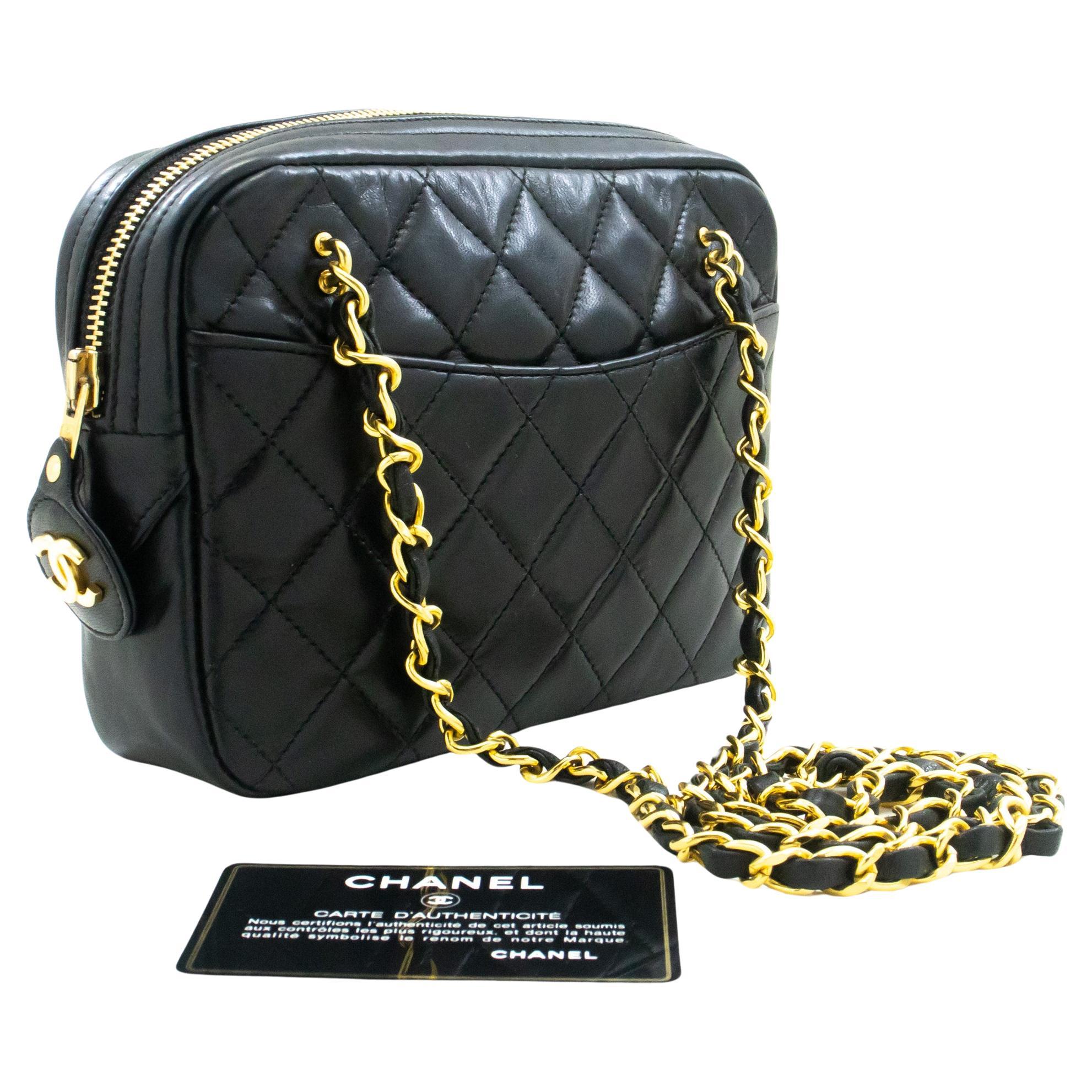 CHANEL Small Chain Shoulder Bag Lambskin Black Leather Zipper For Sale