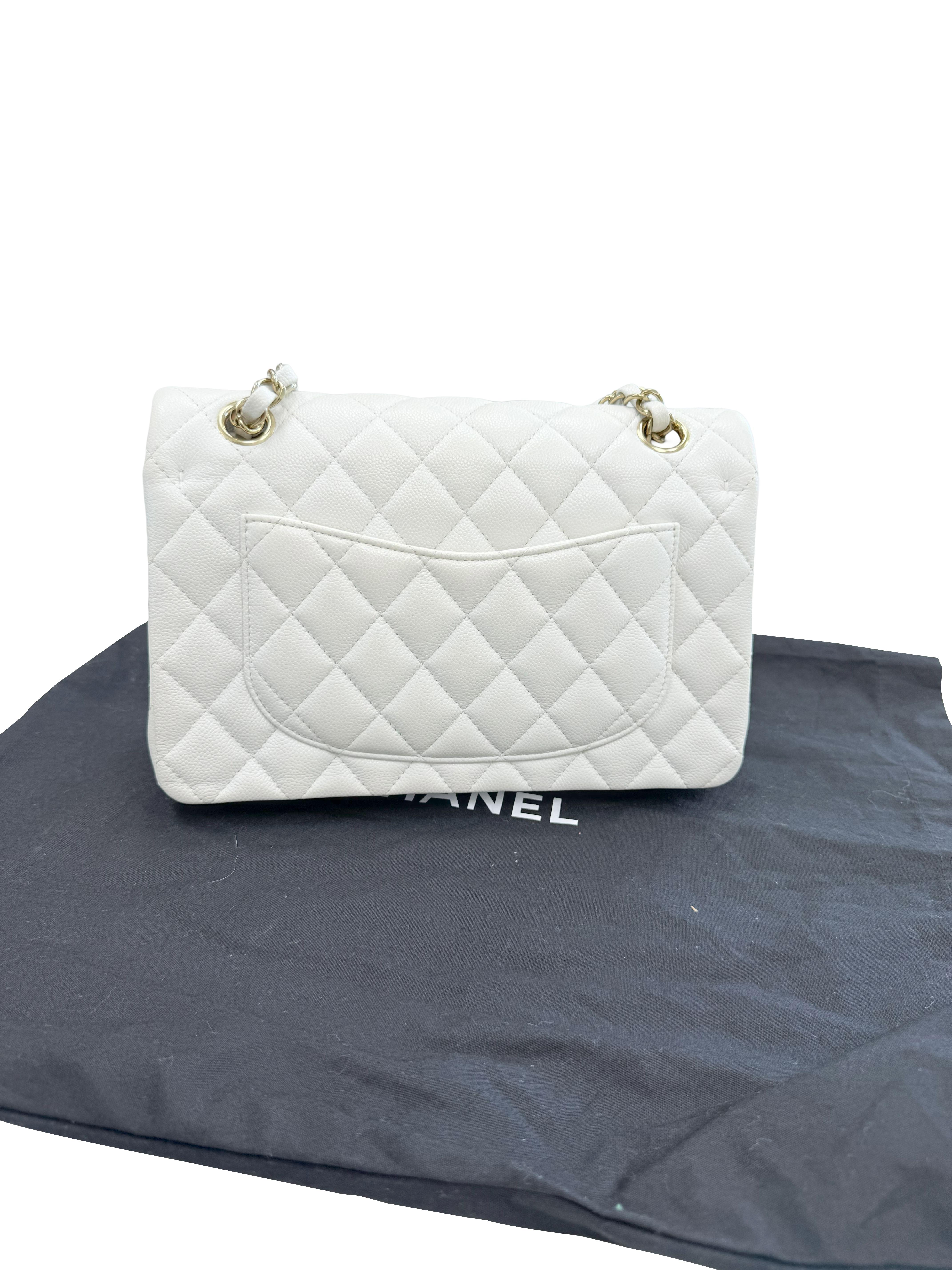 Chanel Small Classic Double Flap Weißer Kaviar Hellgoldene Hardware im Angebot 4