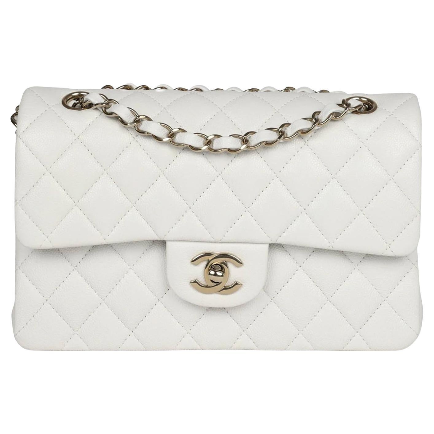 Chanel Small Classic Double Flap White Caviar Light Gold Hardware