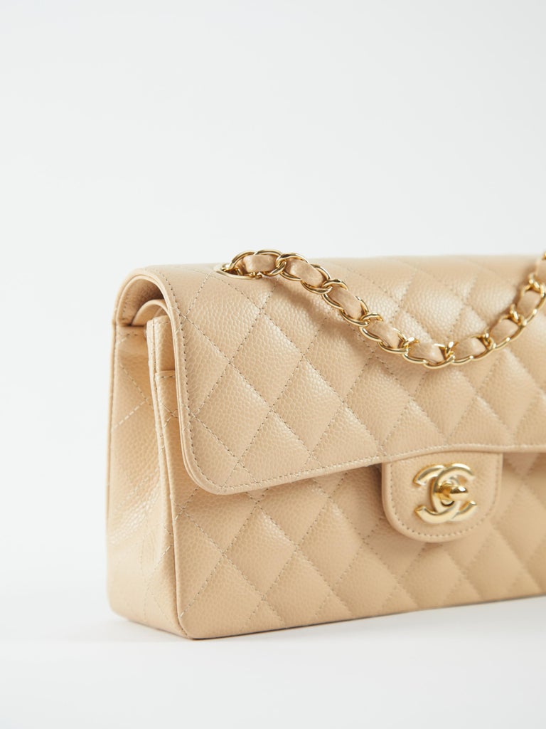 CHANEL SMALL CLASSIC FLAP BAG Beige Caviar Leather with Goldtone