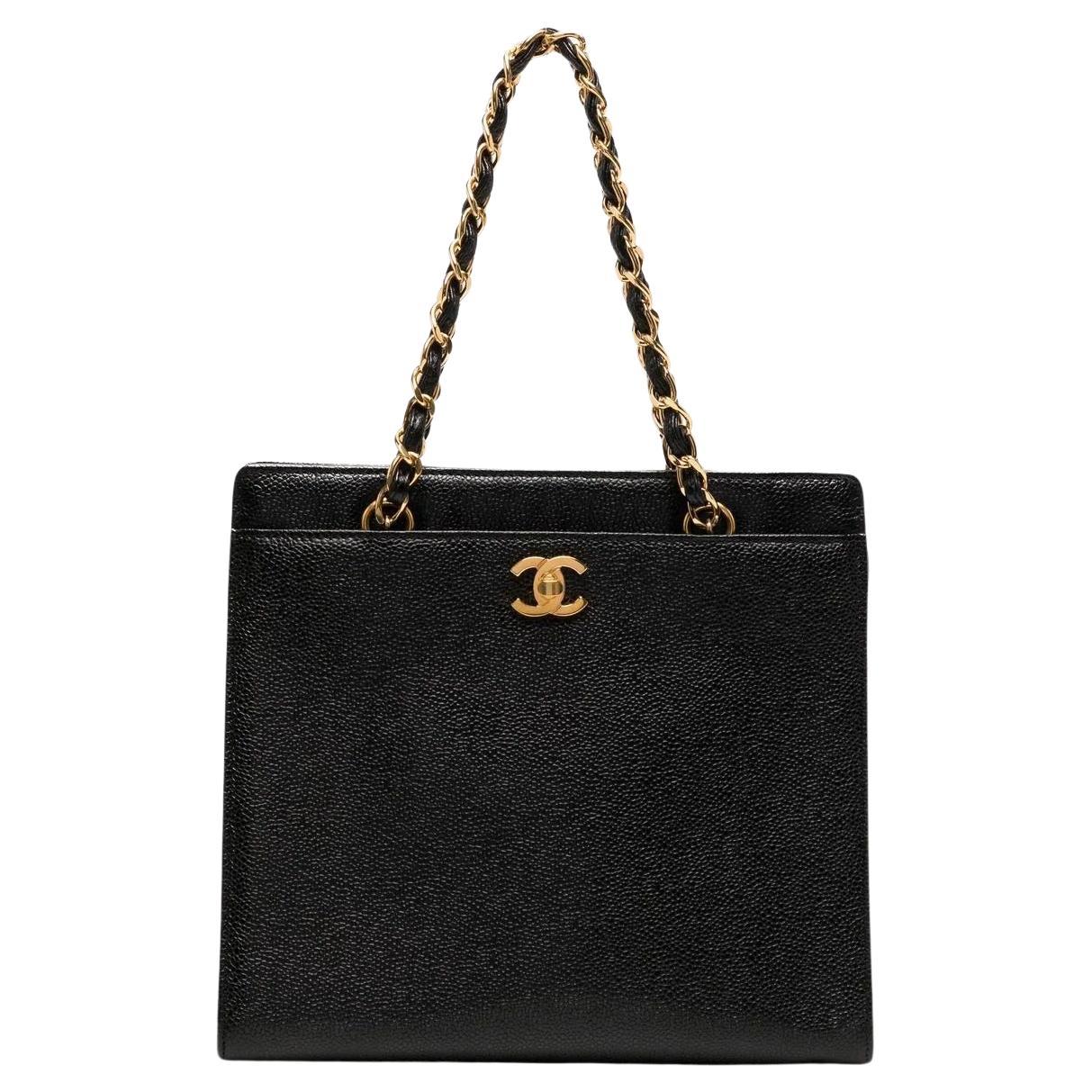 Chanel Small Classic Shopping Shoulder Black Caviar Tote For Sale 3