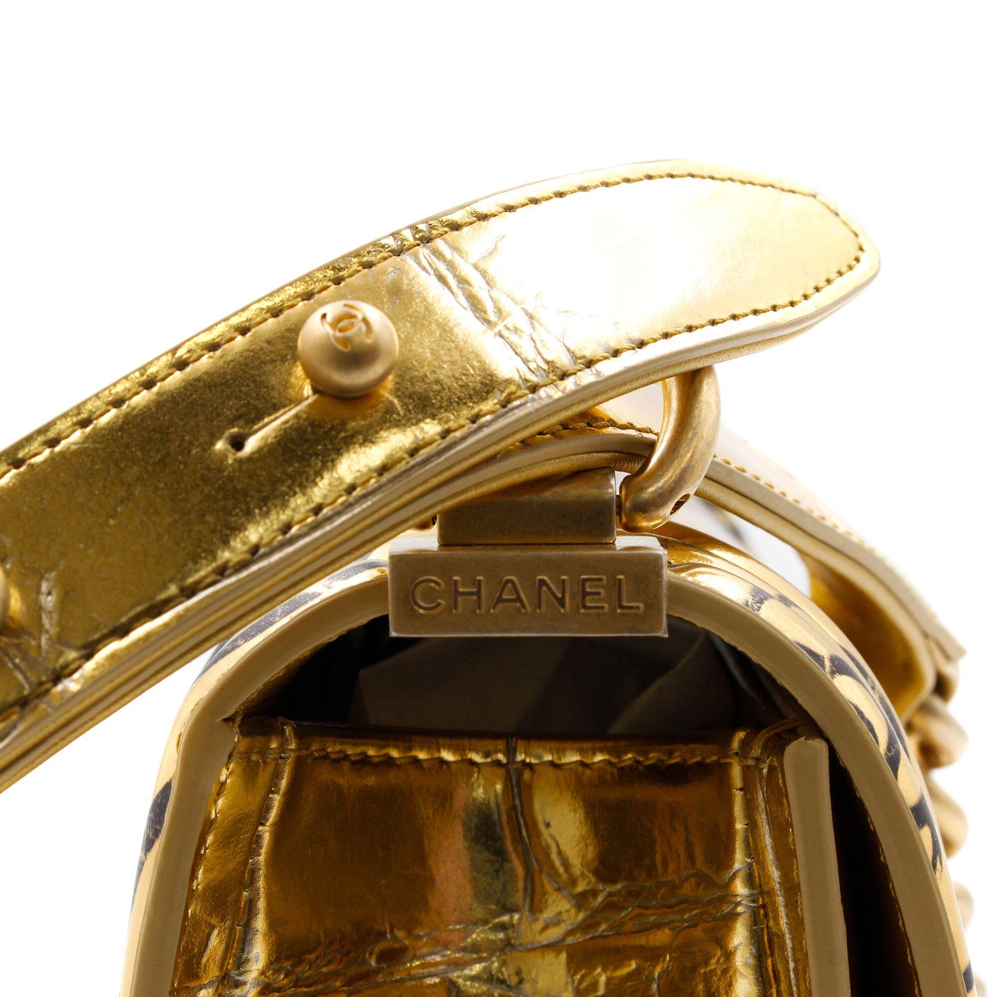 Women's Chanel Small Crocodile Embossed Printed Gold Leather Boy Handbag A67085