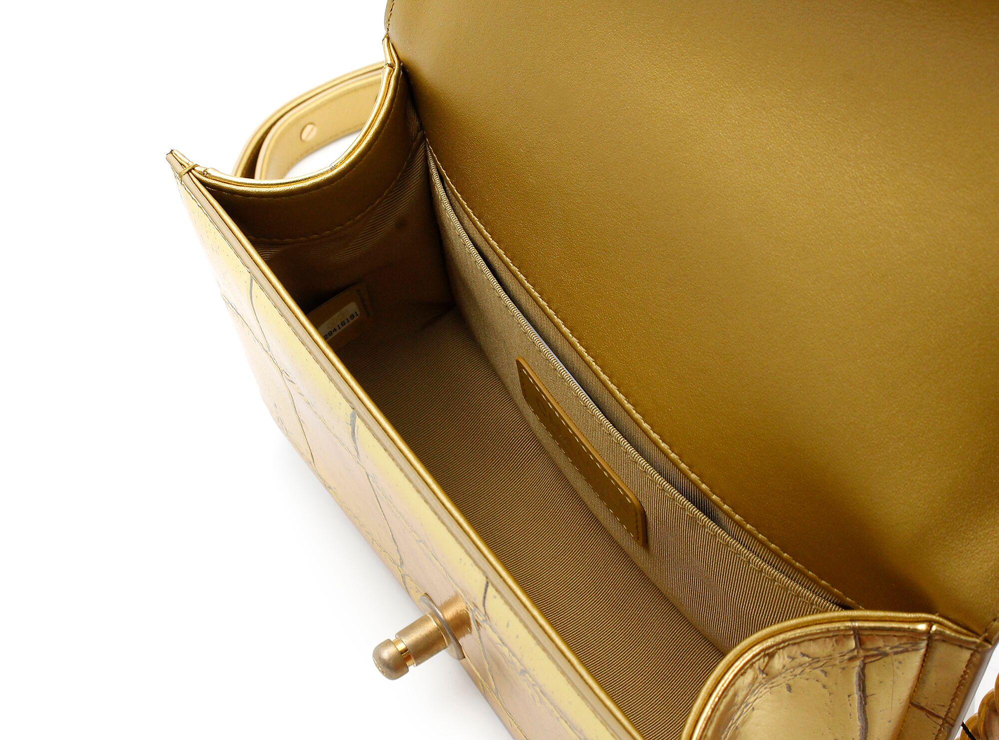 Chanel Small Crocodile Embossed Printed Gold Leather Boy Handbag A67085 2