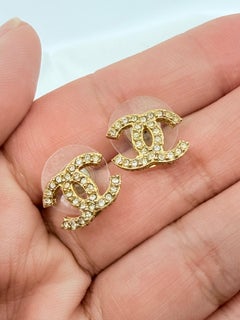 Chanel Small Crystal CC Logo Gold Stud Earrings