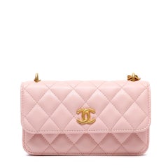 Chanel Small Flap Phone Holder Pink Quilted Lambskin w/Camellia Chain