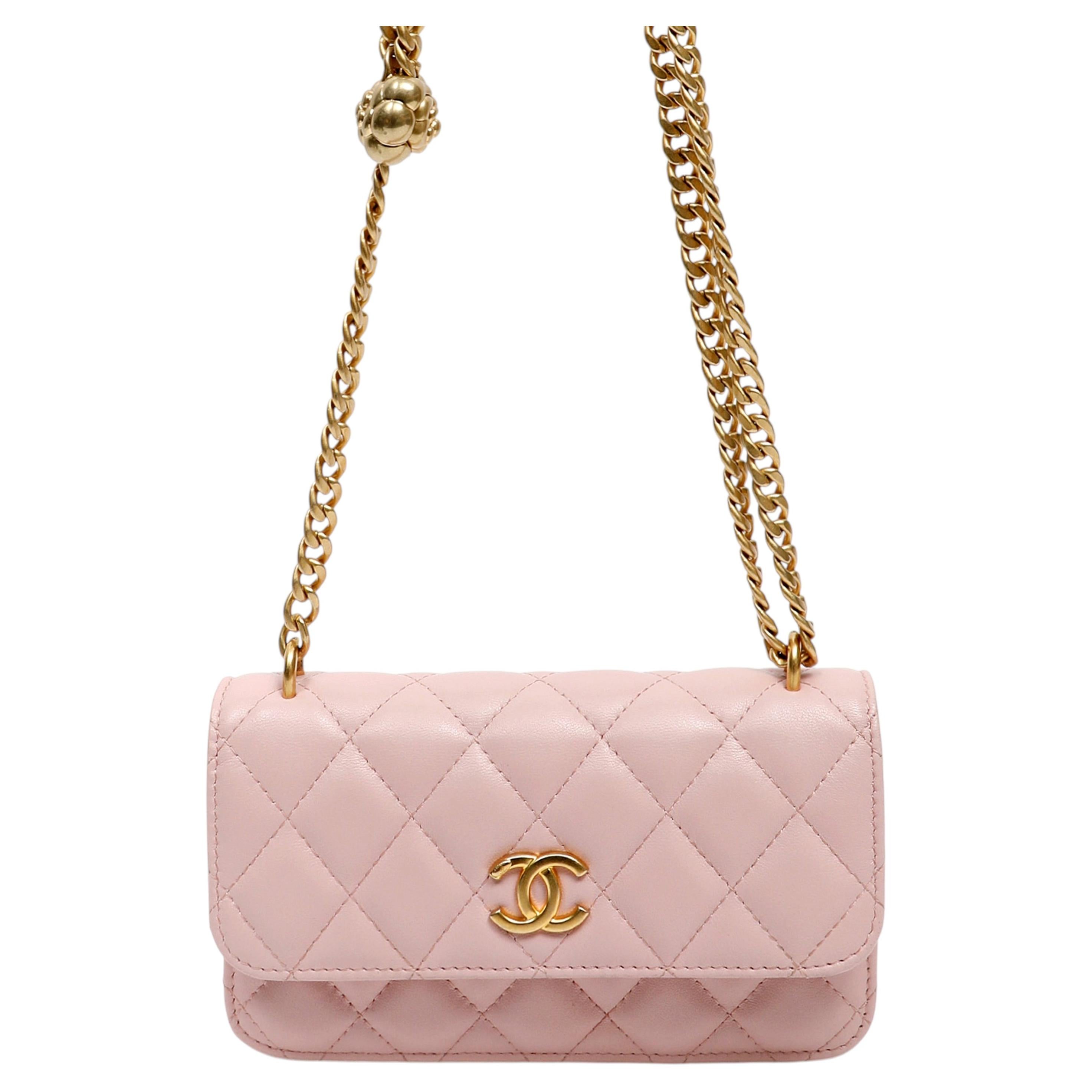 Chanel Small Flap Phone Holder Pink Quilted Lambskin w/Camellia Chain