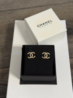 CHANEL Small Gold Crystal CC Logo Stud Earrings