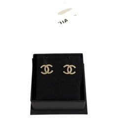 CHANEL Small Gold Crystal CC Logo Stud Earrings