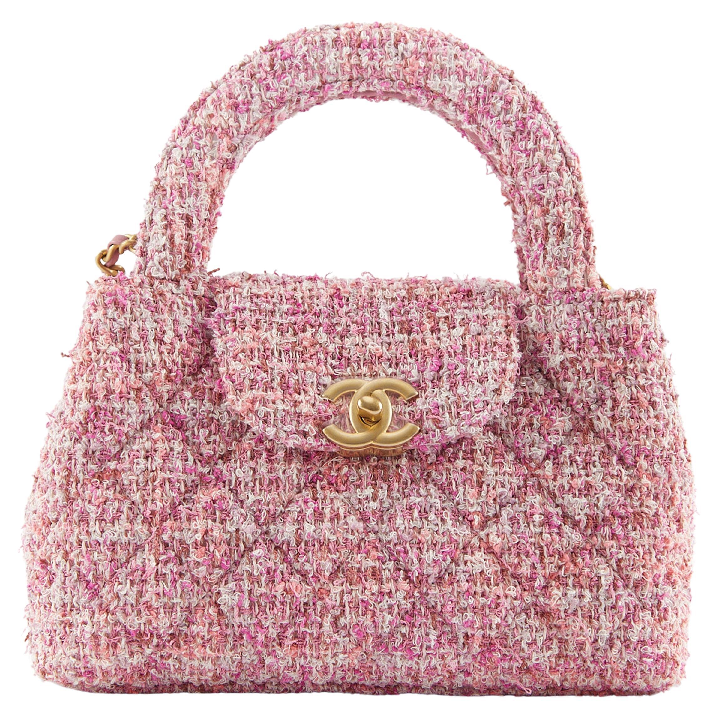 CHANEL SMALL "KELLY" BAG PINK & ECRU Tweed with Gold-Tone Hardware For Sale