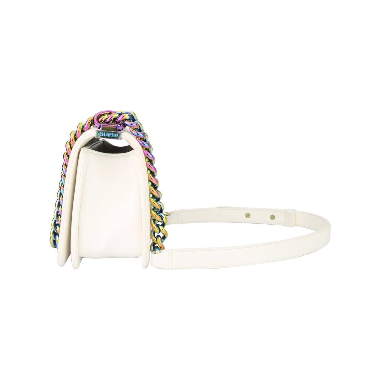 Chanel Small LED Boy White Lambskin Bag with Rainbow Hardware, 2017 In Excellent Condition In Huddersfield, GB