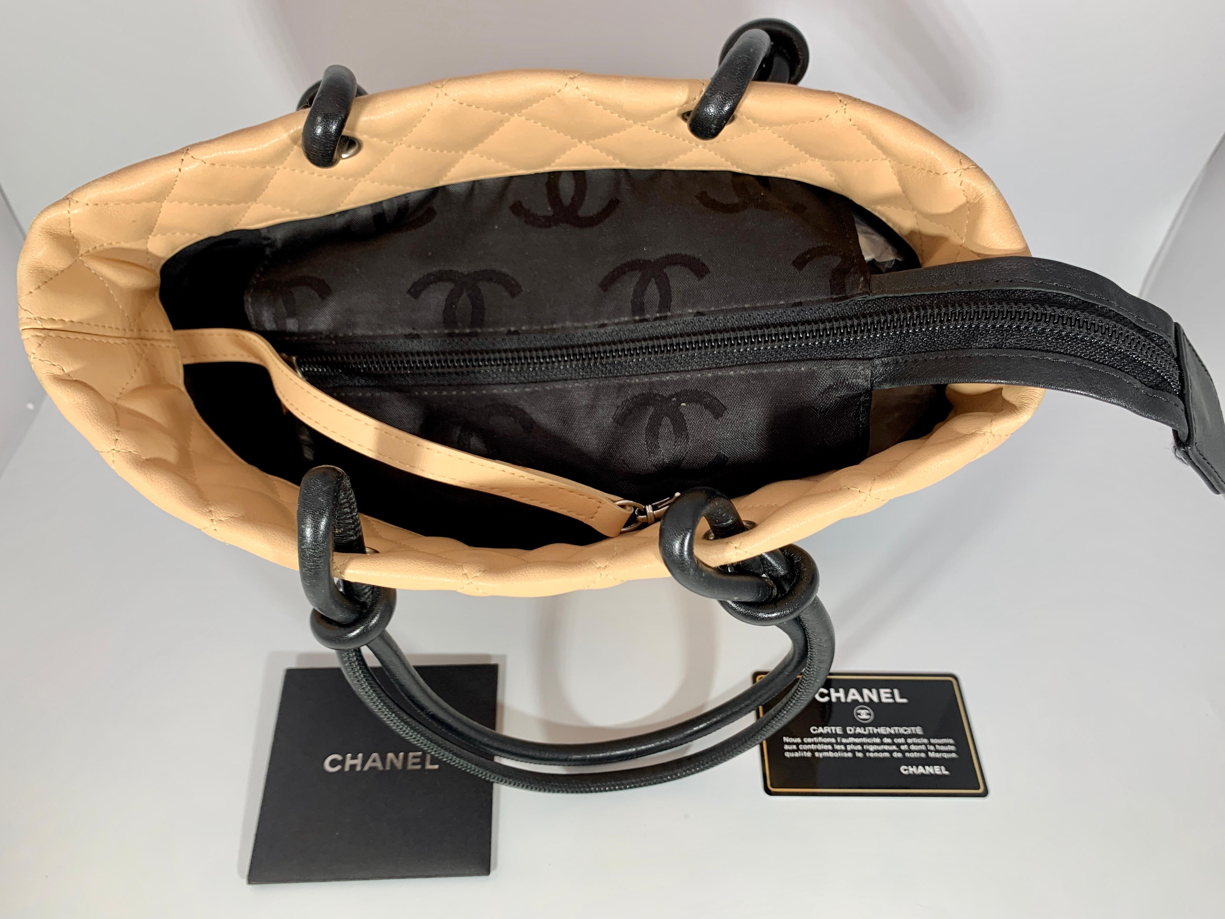 CHANEL Small Ligne Cambon Quilted  Bucket Tote Beige & Black, CC Mark In Excellent Condition In New York, NY