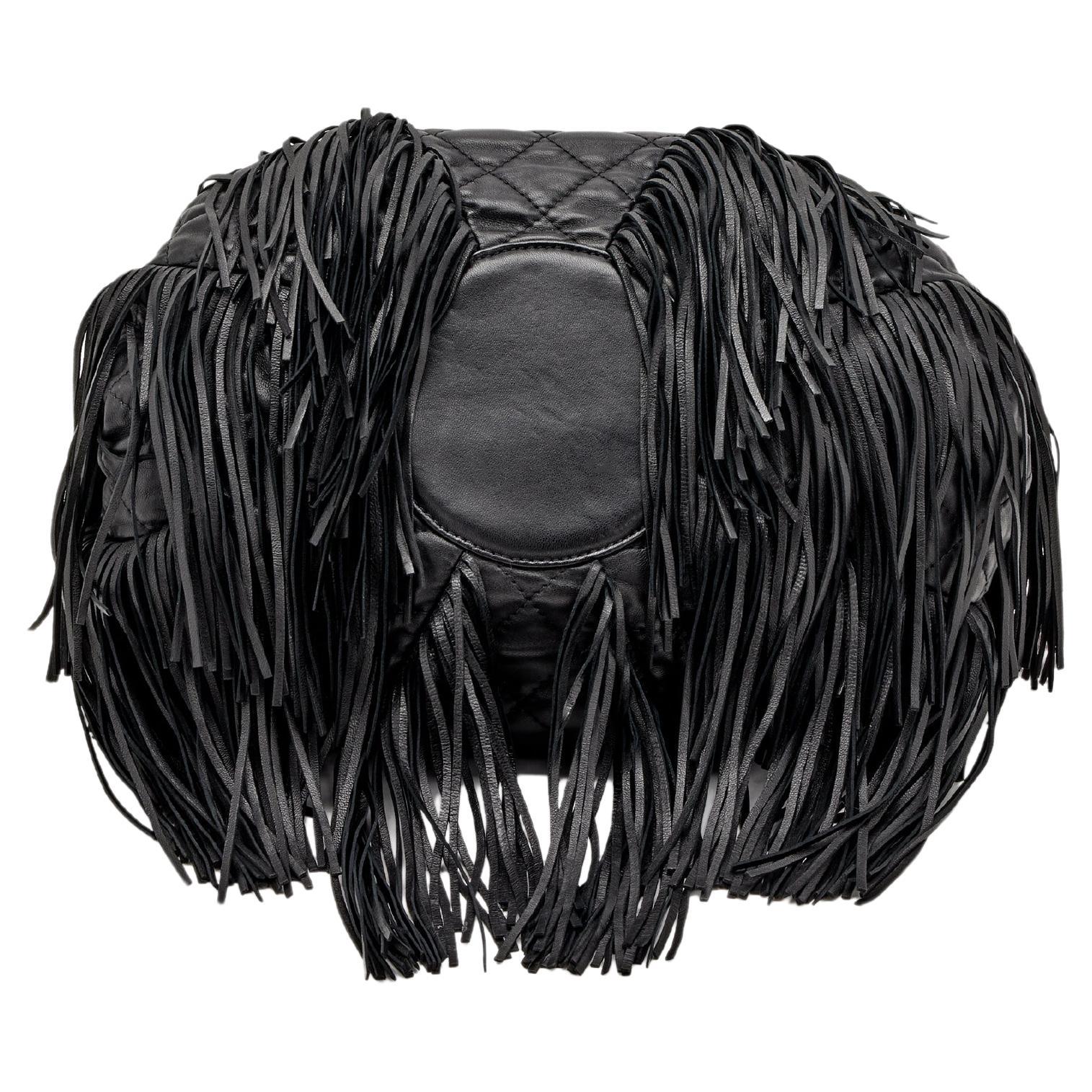 Chanel 2014 Dallas Drawstring Bucket Quilted Rare Fringe Lambskin Leather Bag For Sale 6