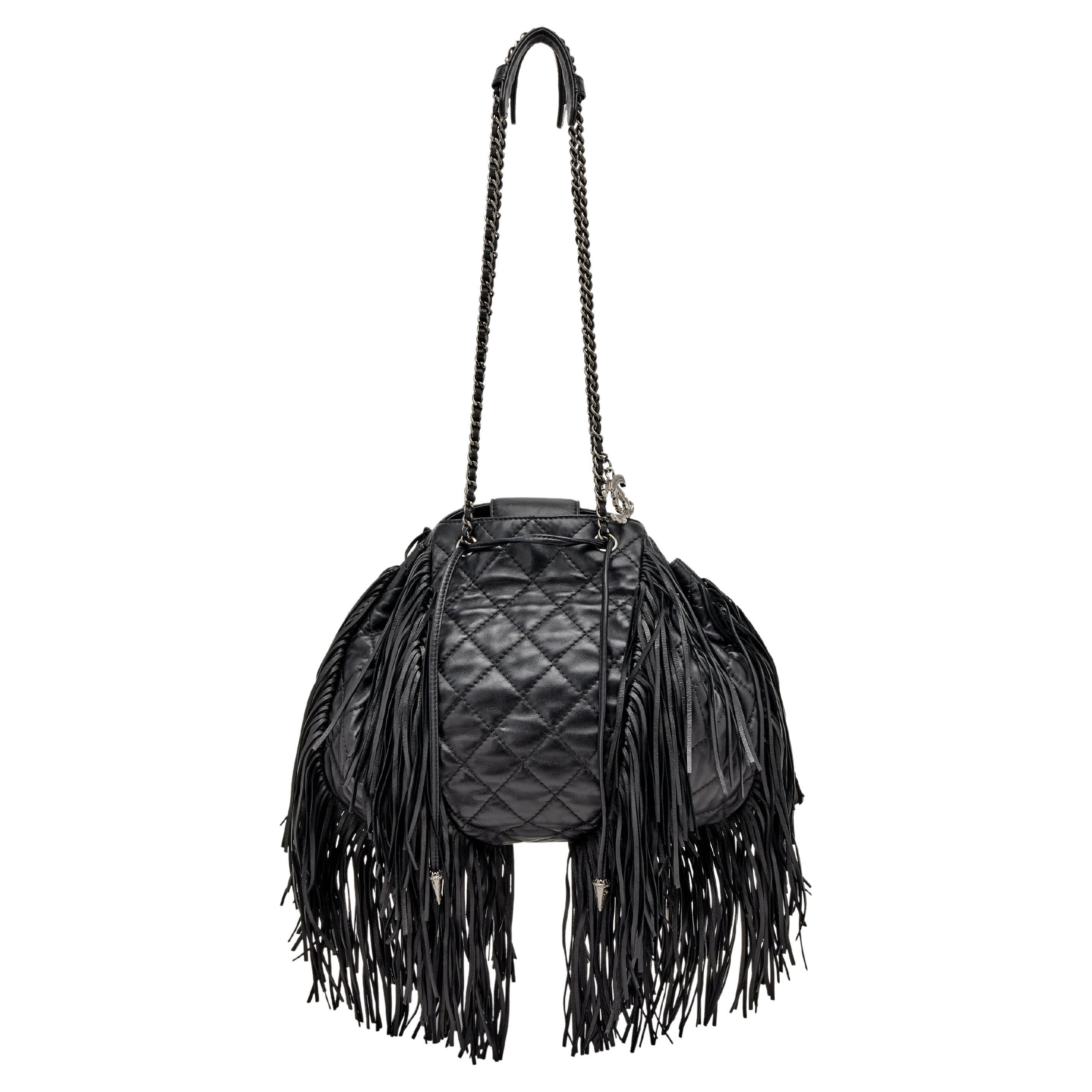Chanel 2014 Dallas Drawstring Bucket Quilted Rare Fringe Lambskin Leather Bag For Sale