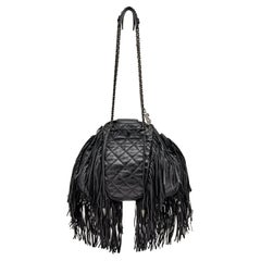 Vintage Chanel 2014 Dallas Drawstring Bucket Quilted Rare Fringe Lambskin Leather Bag