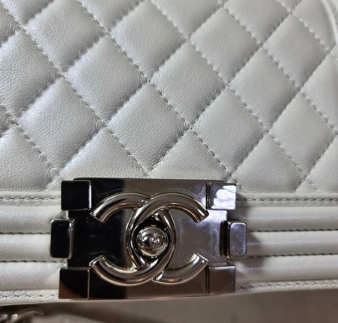 Gray CHANEL Small Pearl White Calfskin Boy Bag
