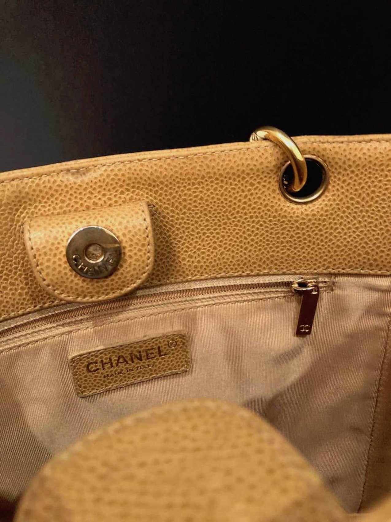 CHANEL Small Petit Shopping Tote Bag Gold Tone Caviar Leather in Camel Beige  5