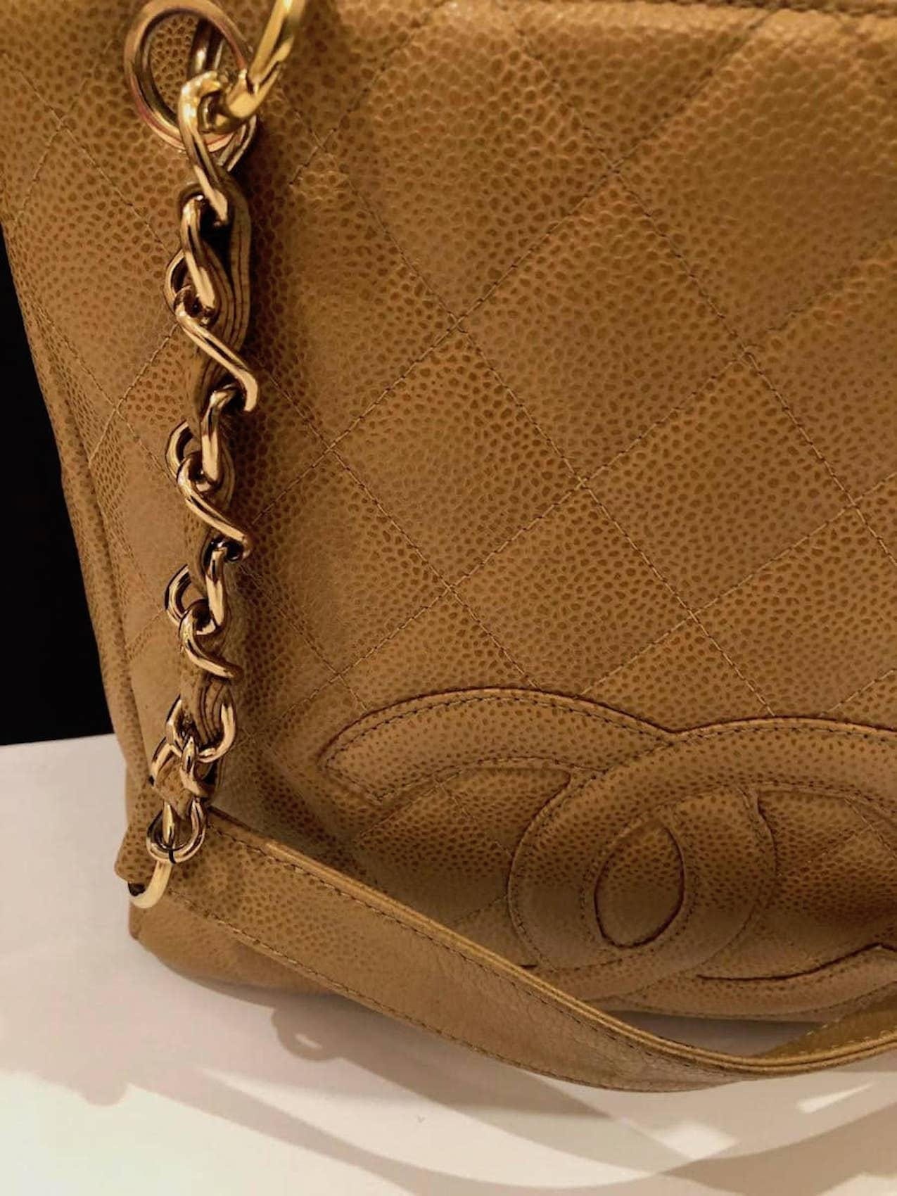 CHANEL Small Petit Shopping Tote Bag Gold Tone Caviar Leather in Camel Beige  In Good Condition In London, GB