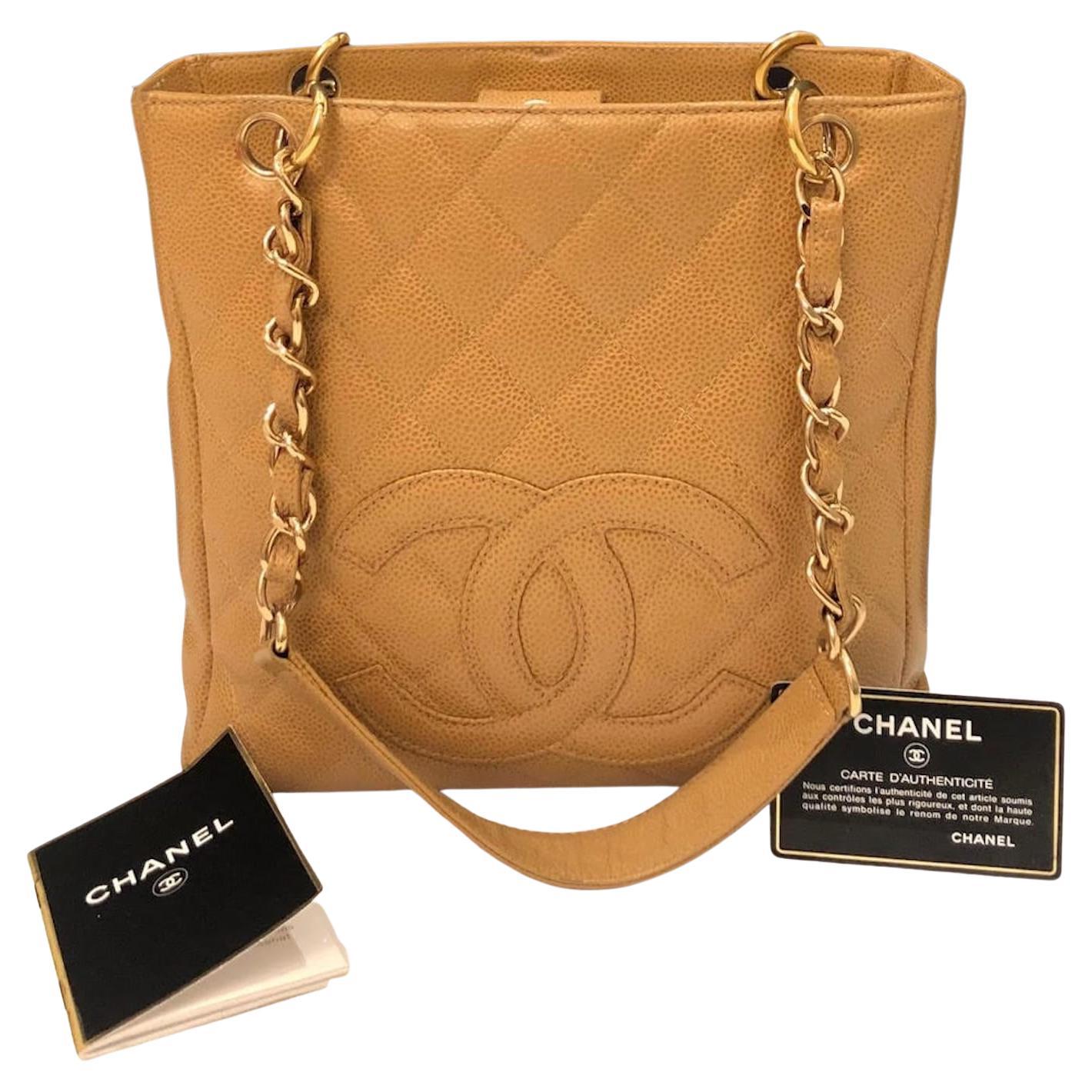 CHANEL Small Petit Shopping Tote Bag Gold Tone Caviar Leather in Camel  Beige at 1stDibs