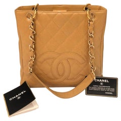 CHANEL Small Petit Shopping Tote Bag Gold Tone Caviar Leather in Camel Beige 
