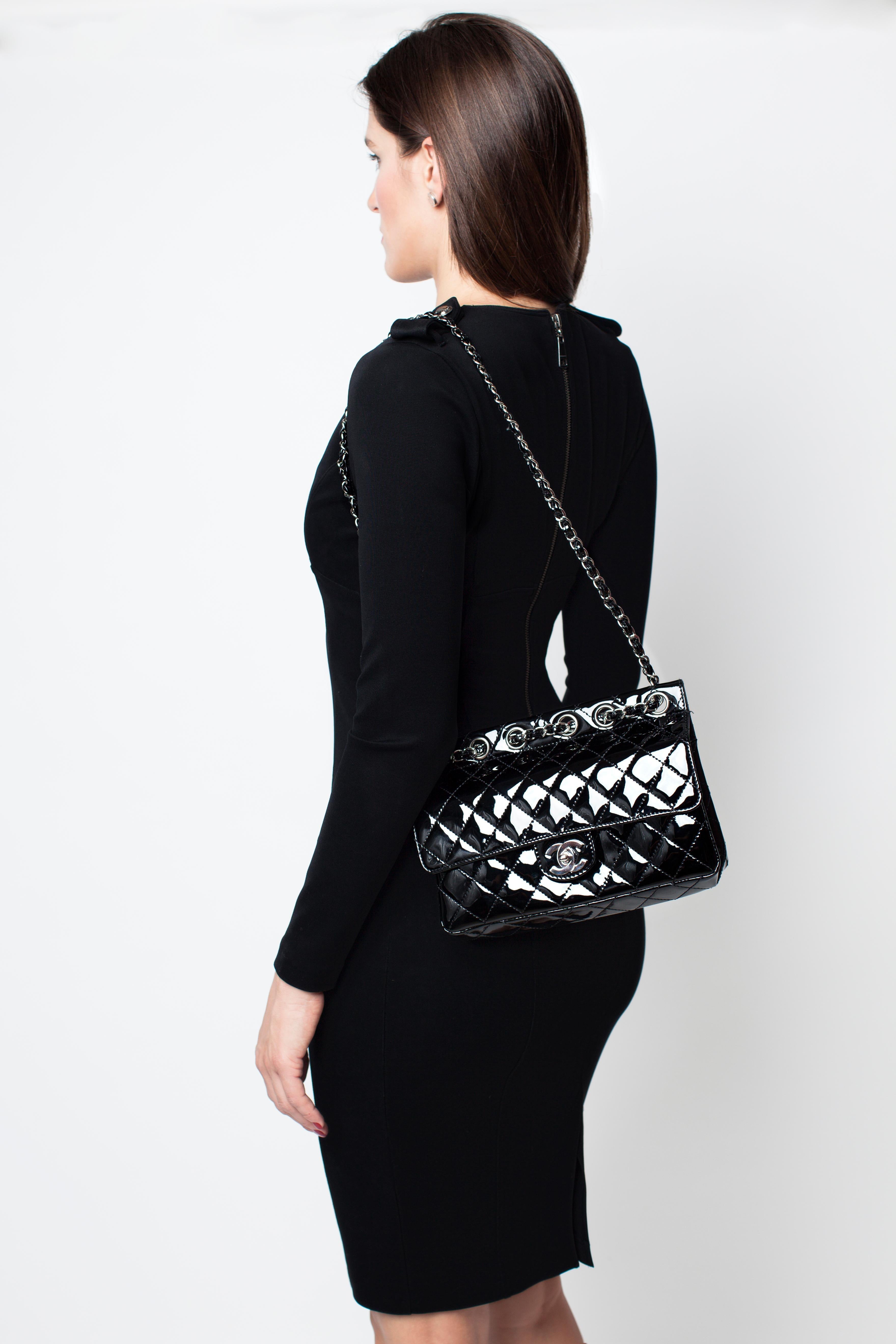 Black Chanel Small Quilted Patent Leather Flap with Classic Back Pocket Bag For Sale