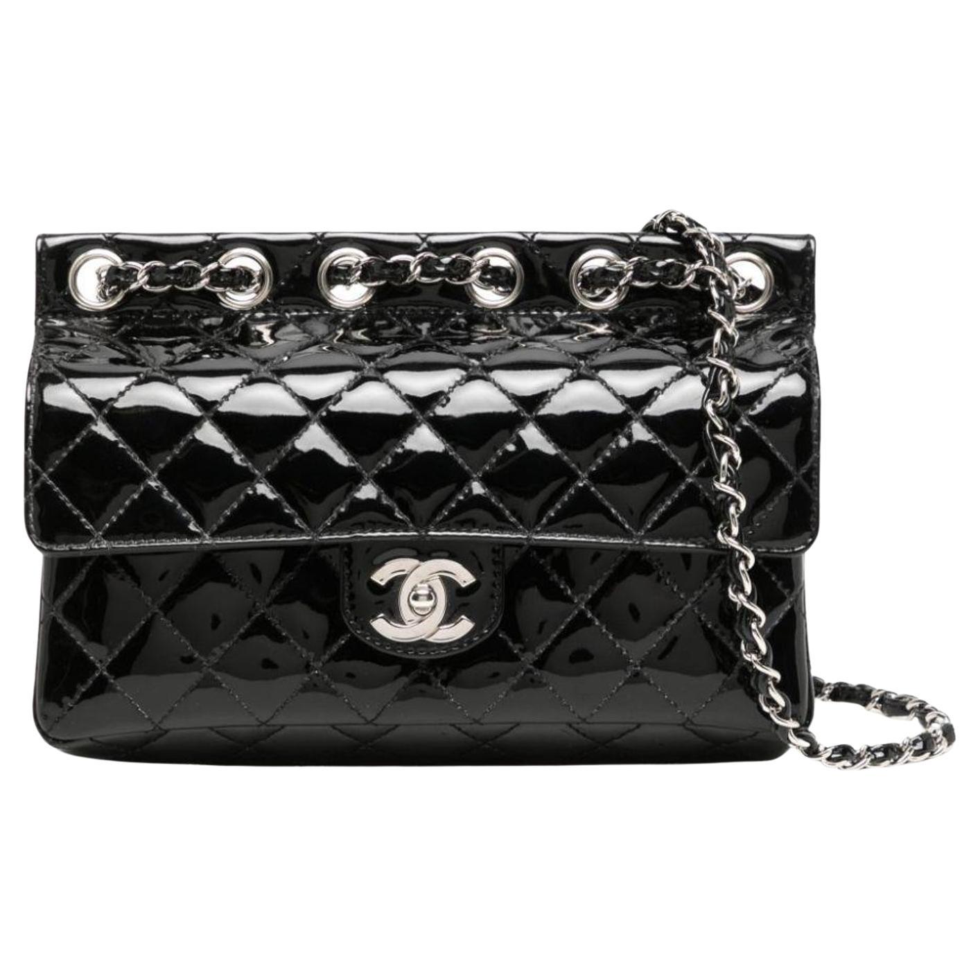 Women's or Men's Chanel Small Quilted Patent Leather Flap with Classic Back Pocket Bag For Sale