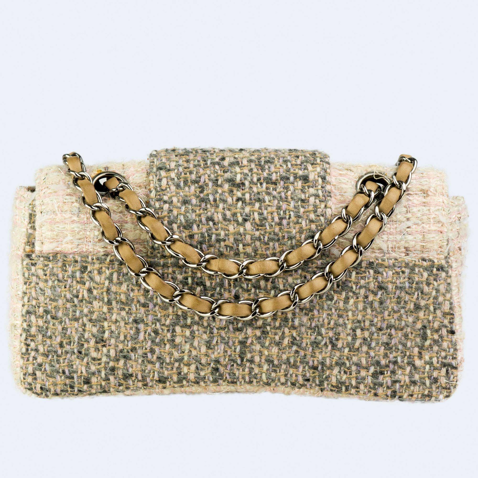 Women's Chanel Small Rare Tweed Cream Beige Classic Flap Bag