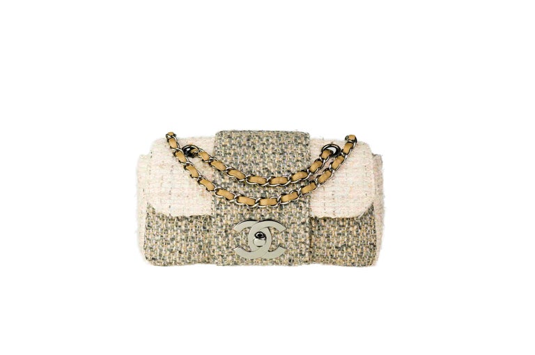 Chanel Small Rare Tweed Cream Beige Classic Flap Bag For Sale at
