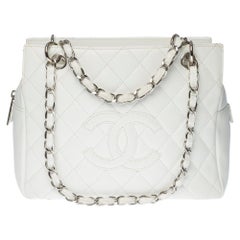 Chanel Small Shopping Tote in white grained caviar leather, silver hardware
