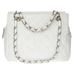 Chanel Small Shopping Tote in white grained caviar leather, silver hardware 