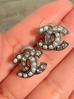 CHANEL Small Silver CC Crystal Faux Pearl Stud Earrings
