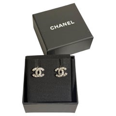 CHANEL Small Silver CC Crystal Faux Pearl Stud Earrings