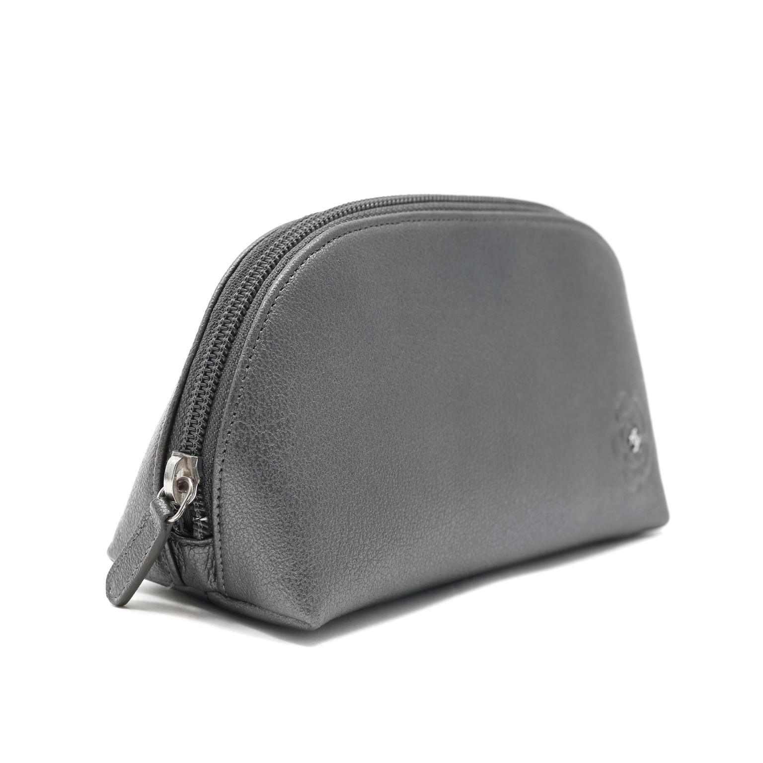 Chanel Small Slate Grey Camellia Pouch In Good Condition For Sale In Palm Beach, FL